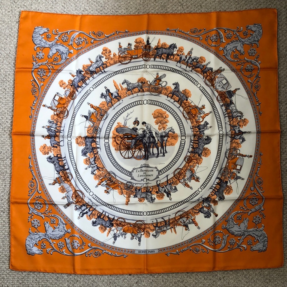 Hermès Paris Orange and White Silk Scarf